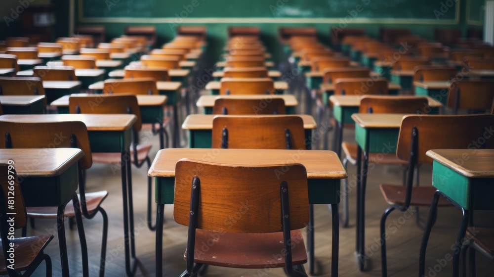 Fototapeta premium The classroom is empty. back to school concept Inside describes the wooden chairs and deck. Learning lessons at the secondary level