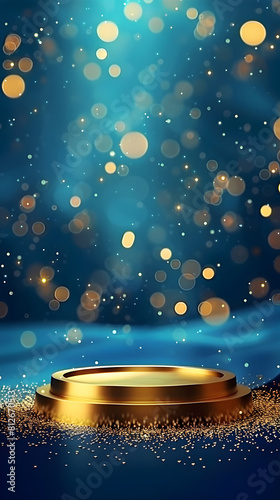 Empty podium golden on blue background with light neon effects with bokeh decorations. Luxury scene design concept. Vector illustrations. Generative Ai.