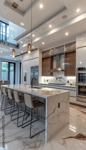 elegance of a sleek and minimalist kitchen with marble countertops, state-of-the-art appliances, and abundant natural light, using a vector art style