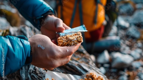 A man eating a protein bar while hiking. photo