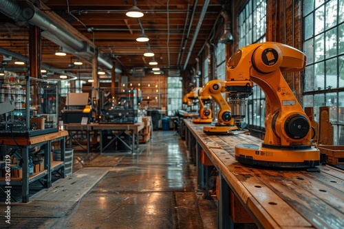 Industrial robots standing idle in a factory during a non-operational moment