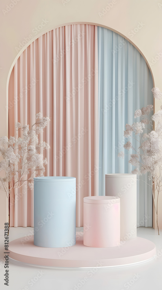 Set of beige, blue, pink and white realistic 3d cylinder pedestal podium in pastel colorful abstract rooms. Generative Ai.