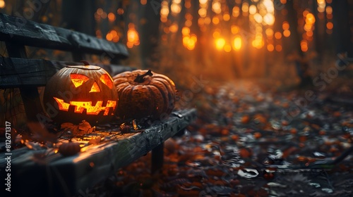 Halloween pumpkins in the forest at night.Halloween background with Evil Pumpkin. Spooky scary dark Night forrest. Holiday halloween banner background