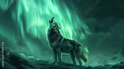 Wolf Howling Under Northern Lights