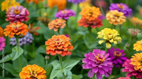 A tranquil garden scene with colorful zinnia flowers in shades of orange, purple, and yellow, blooming in profusion.