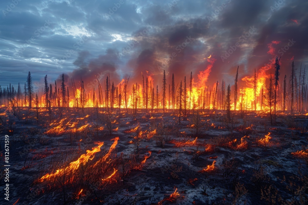 An apocalyptic vision of a fierce nighttime wildfire consuming a desolate, barren landscape An apocalyptic vision of a fierce nighttime wildfire consuming a desolate, barren landscape