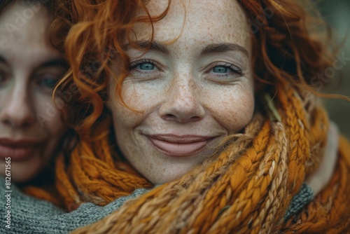 Two women share a close moment, with focus on one smiling with freckles and a warm scarf © Larisa AI