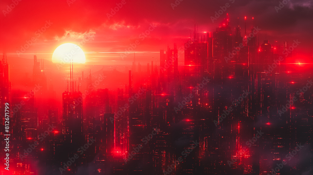 Obraz premium A cityscape with a red sun in the background