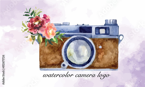 Hand drawing watercolor camera with flower. Perfect for photography logo. Watercolor illustration.