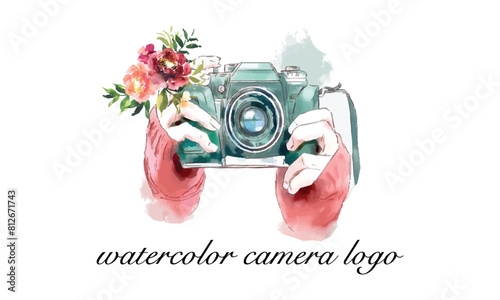 Hand drawing watercolor camera with flower. Perfect for photography logo. Watercolor illustration.