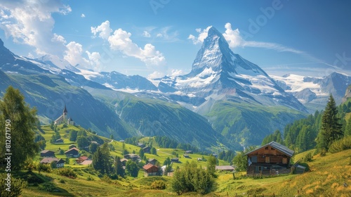 Idyllic Alpine Village with Majestic Mountain Backdrop