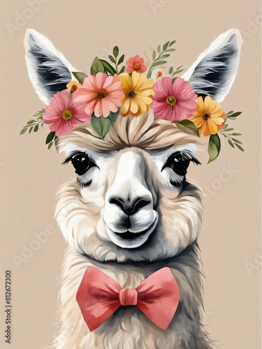Baby Alpaca Wall Art Print With Floral Crown And Bowties Bedroom Decor  Generative AI Illustration 