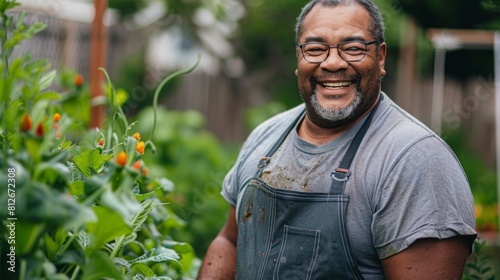 Chubby man smiling while gardening in his backyard