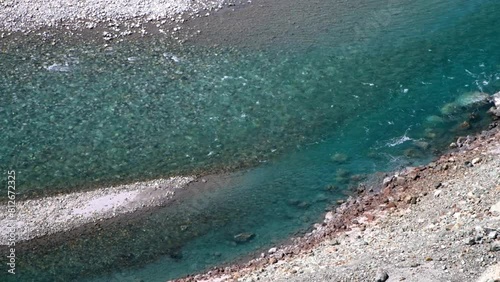 Turquoise colored waters of the Shyok River in the northern India Himalayas near the borders with Pakistan and Tibet photo