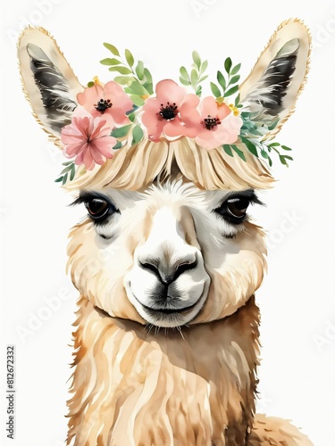 Baby Alpaca Wall Art Print With Floral Crown And Bowties Bedroom Decor, Generative AI Illustration 