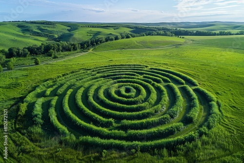 A vivid green spiral maze stretches across a field, creating an intricate pattern within the expansive rural landscape
