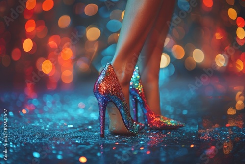 Close-up of sparkling high heels with a shimmering bokeh light background, showcasing the elegance and glamour photo