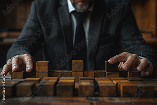 A man in a suit is playing with wooden blocks on a table