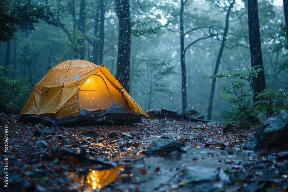 Warm light spills from an orange tent situated on a rainy forest path, creating a beacon of comfort and hope