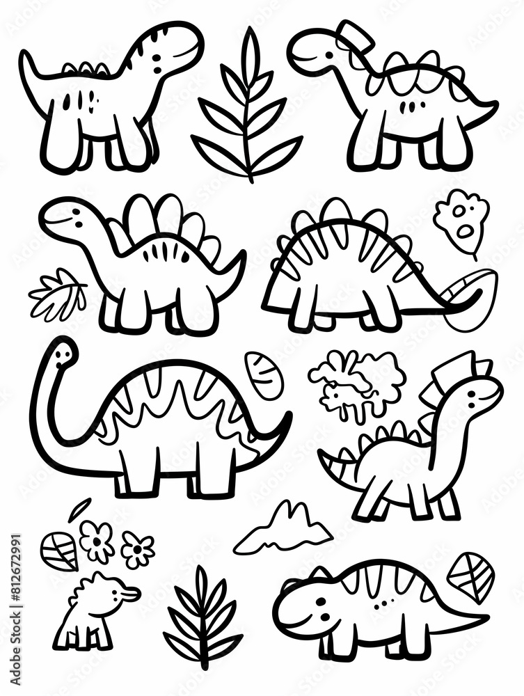 dinosaur illustration, kids coloring book, cartoon dinosaur illustration, kids coloring book, cartoon