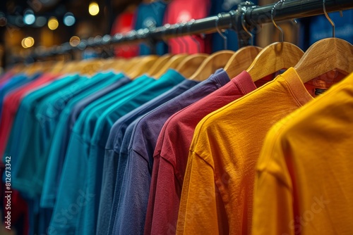 A variety of colorful t-shirts are neatly hung on hangers, showcasing a range of sizes and styles available in the store