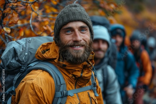 Close-up of a bearded man with a knit cap and backpack in an autumnal outdoor setting