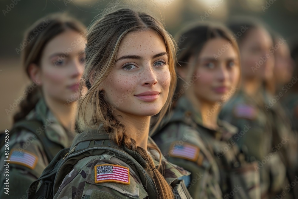 Portrait of a radiant female soldier smiling with her colleagues lined up behind her, in military attire Portrait of a radiant female soldier smiling with her colleagues lined up behind her, in military attire