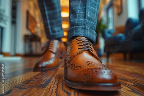 A pair of brown leather brogue shoes on a wooden floor, captured from a unique low angle perspective photo