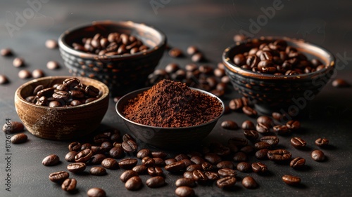 Coffee beans, on a black background, top view a pile of large cracked black roasted coffee beans on a black slate background