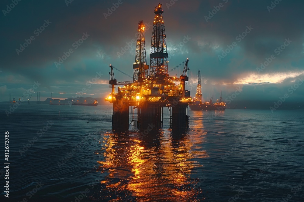 This captivating image showcases an offshore oil drilling rig illuminated against the dusky skies, reflecting on the calm sea