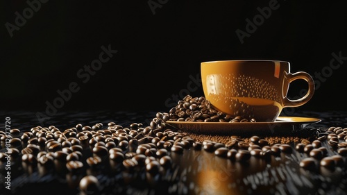 Coffee cup and coffee beans on a dark background