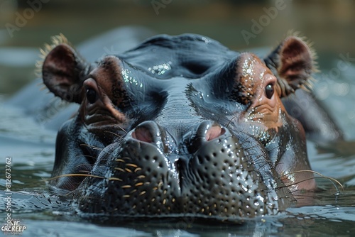 Detailed close-up shot of a hippo's head rising from glistening waters, eyes looking forward