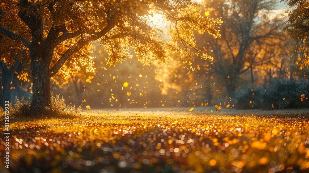 Autumn park at Sunset. Yellow and orange leaves fall, whirl in air like ...
