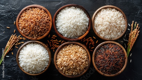 Various types and colors of rice; paddy rice, rice, brown coarse rice and white thai jasmine rice in wooden bowl isolated on white background, healthy eating concept
