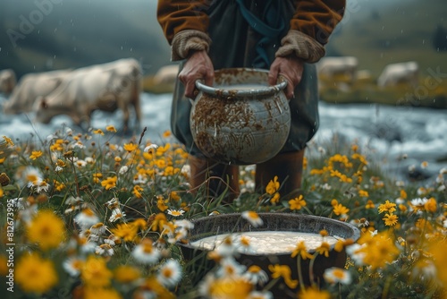 This image captures a person hands pouring fresh milk amidst wildflowers and cows in the background