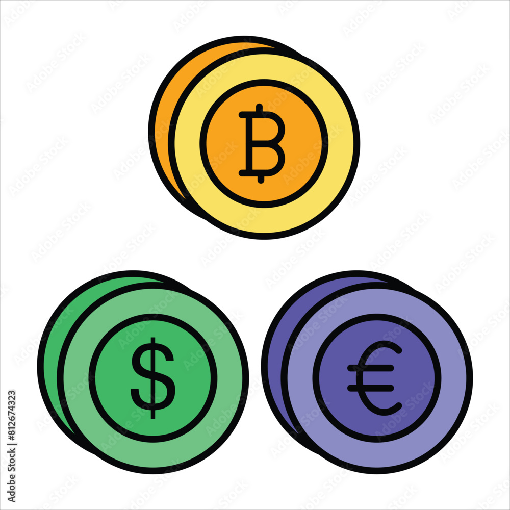 Bitcoin and Cryptocurrency Color Outline Icon Style Bitcoin and Cryptocurrency Color Outline Icon Style