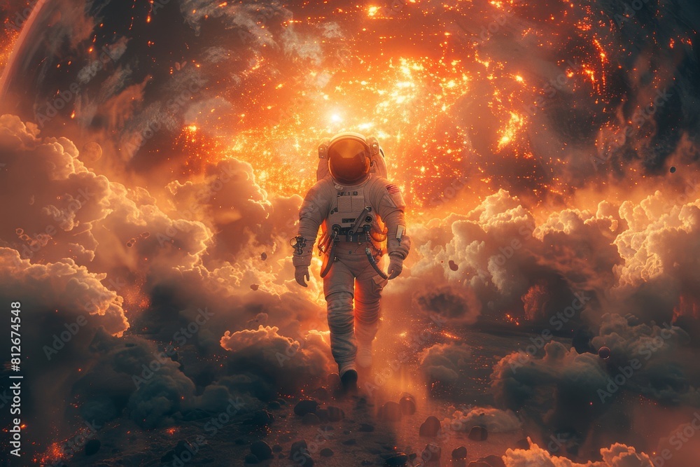 This image portrays an astronaut venturing amidst a cosmic eruption of clouds and embers
