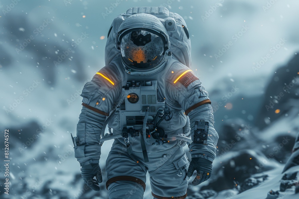 An astronaut stands amidst a snow-covered alien landscape, evoking isolation An astronaut stands amidst a snow-covered alien landscape, evoking isolation
