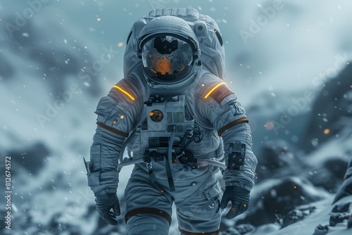 An astronaut stands amidst a snow-covered alien landscape, evoking isolation