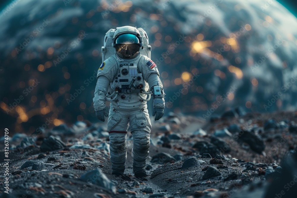 Astronaut in detail-focused close-up emphasizes space travel against a cosmic backdrop suggesting a profound quest Astronaut in detail-focused close-up emphasizes space travel against a cosmic backdrop suggesting a profound quest