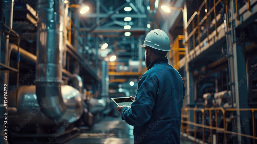 A man in a hard hat holding a tablet. Suitable for construction industry concepts A man in a hard hat holding a tablet. Suitable for construction industry concepts
