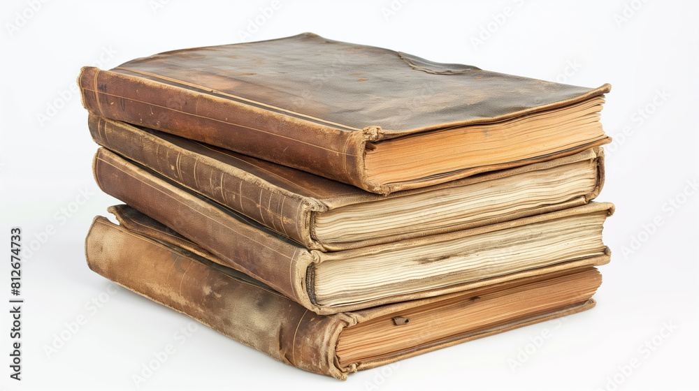 Stack of old leather-bound books with weathered spines and pages, representing a collection of historical knowledge and classic literature. Stack of old leather-bound books with weathered spines and pages, representing a collection of historical knowledge and classic literature.