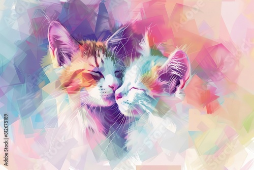 abstract fluffy cat mother kissing kitten geometric shapes and pastel colors photo