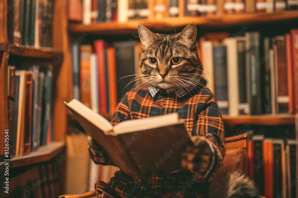 Tabby cat in a plaid shirt reading a book in a library. Tabby cat in a plaid shirt reading a book in a library.