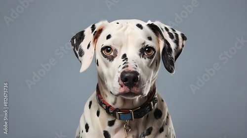 Using generative AI, a studio portrait of a surprised-looking Dalmatian dog was produced, showcasing the breed's perspective of pet photography.