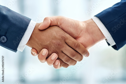 Business people, handshake and corporate interview with support for b2b merger, teamwork or hiring. Partnership, welcome and greeting for promotion deal or investment meeting, approval or networking