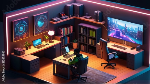 3D cutout, indoor, cyberpunk themed home office. stereoscopic perspective