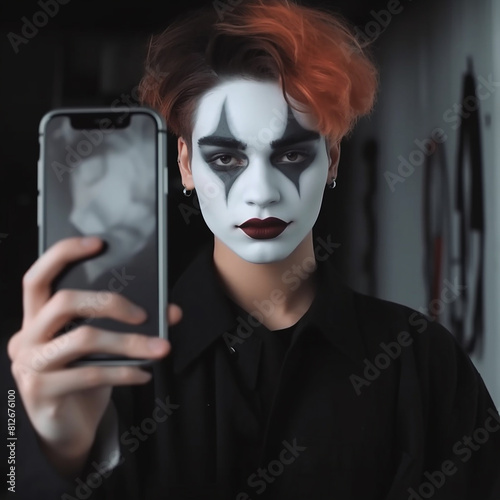 Generative AI: guy with clown makeup on holding up his phone © William