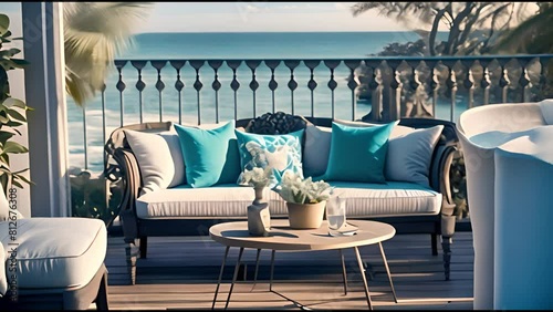 Minimalist modern terrace with relax area, armchairs and table for breakfast, panoramic sea ocean, sunset sunrise. outdoor terrace with designer furniture sofa with ocean view.  photo