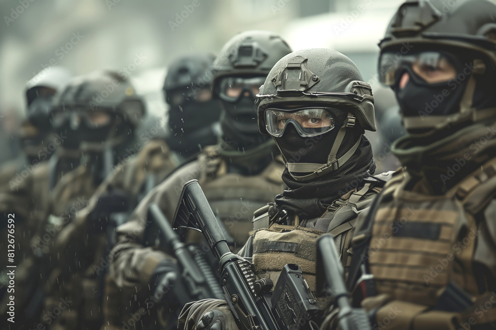 Squad of armed military police in combat gear during an operation. Squad of armed military police in combat gear during an operation.